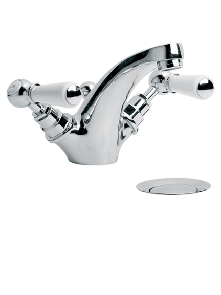 Lefroy Brooks Classic basin monobloc mixer with white ceramic lever handles and pop-up waste